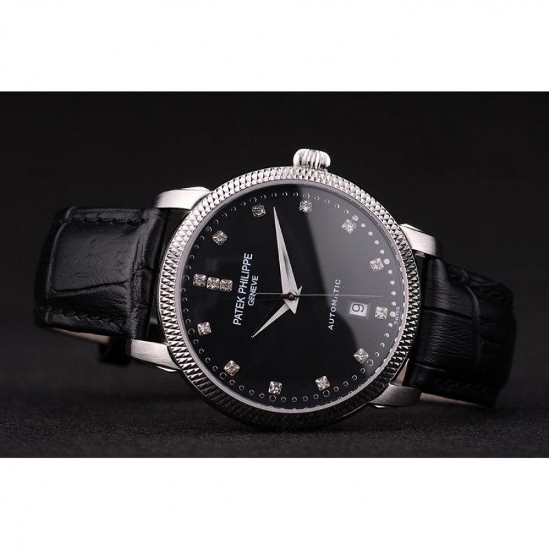 Patek Philippe Swiss Calatrava Ribbed Bezel Black Dial Black Leather Strap 7661-4