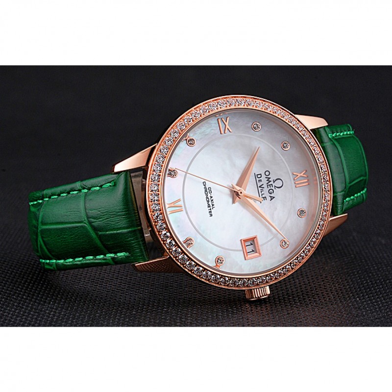SS Replica Watches Omega DeVille Prestige Co-Axial Diamond Gold Case Mother-Of-Pearl Dial Green Leather Strap-4