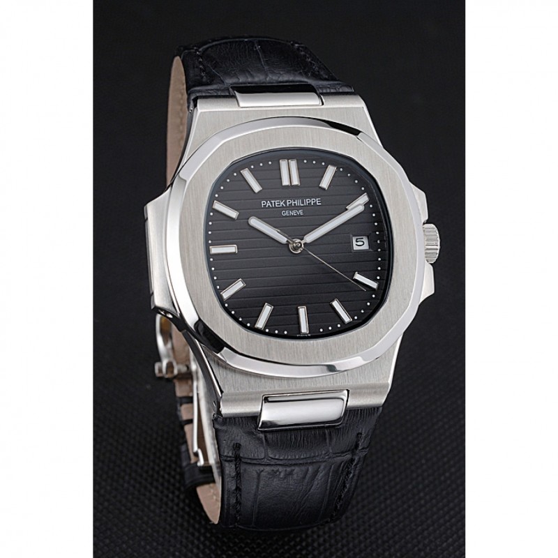 Patek Philippe Nautilus Black Dial Brushed Stainless Steel Case Black Leather Strap-2