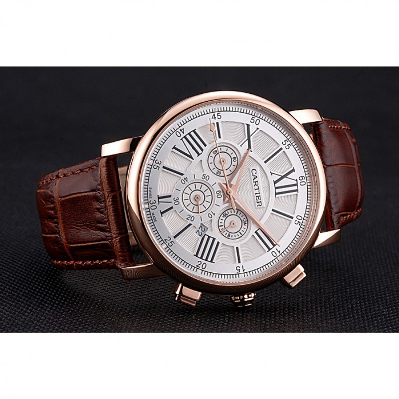 Cartier Rotonde Chronograph White Dial Rose Gold Case Brown Leather Strap-3