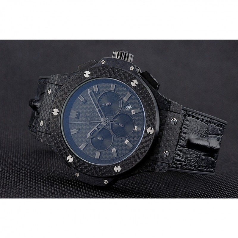 Luxury Hublot Big Bang Carbon Dial Carbon Case And Bezel Black Leather Strap 622773-3