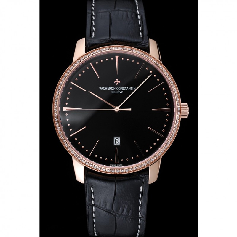 AAA Swiss Vacheron Constantin Patrimony Black Dial Rose Gold Diamonds Case Black Leather Bracelet 1454175-1