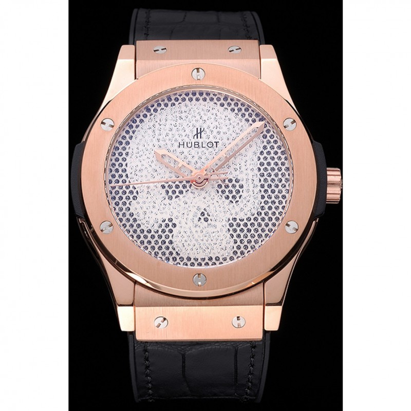 Hublot Classic Fusion Diamond Skull Dial Gold Case Black Leather Strap 622816-1