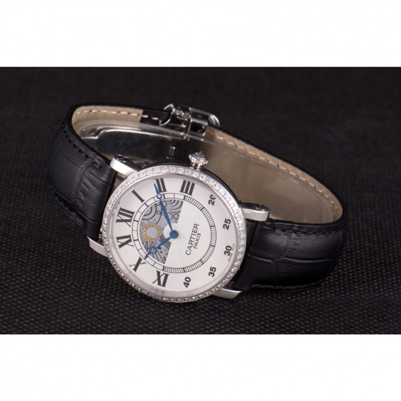 Luxury Replica Watches Cartier Moonphase Silver Watch with Black Leather Band ct255 621374-4