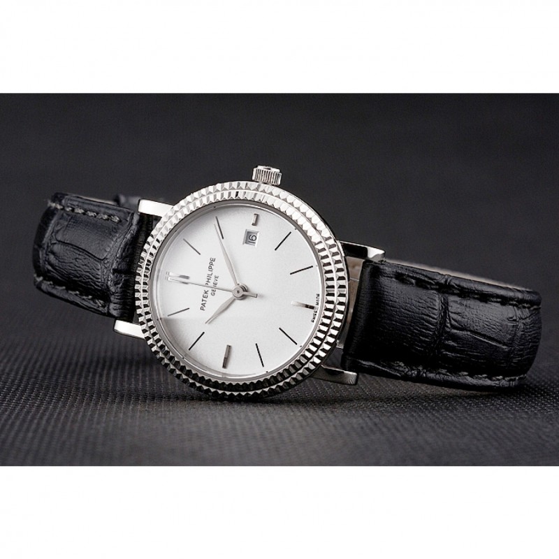 Cheap Patek Philippe Calatrava White Dial Double Ribbed Bezel Stainless Steel Case Black Leather Strap-4