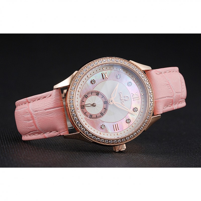 Cheap Omega DeVille Prestige Pink Dial Gold Diamond Case Pink Leather Bracelet 1454126-4