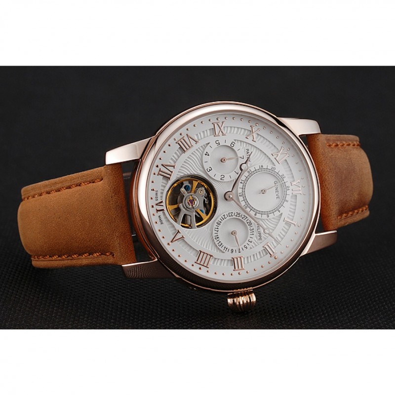 Patek Philippe Grand Complications Day Date Tourbillon White Dial Rose Gold Case Brown Suede Leather Strap 1453813-4