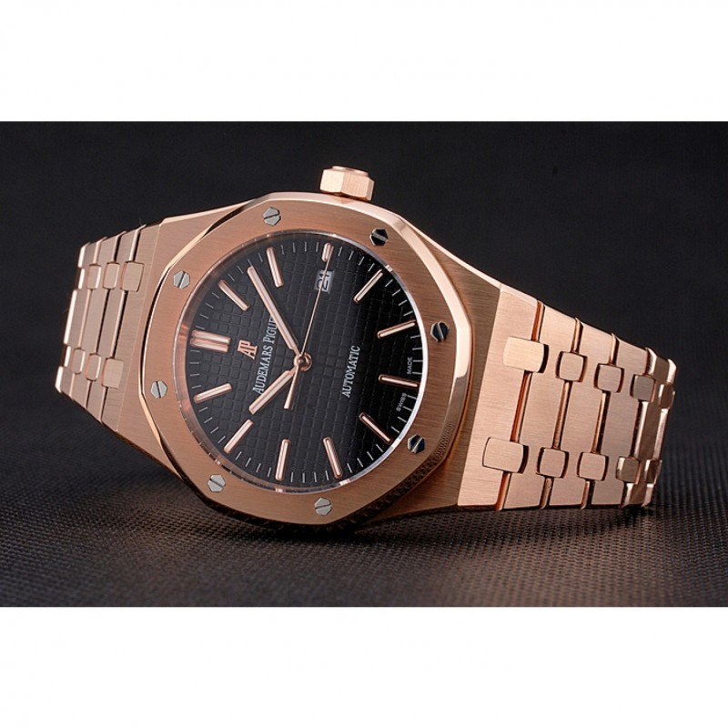 Swiss Audemars Piguet Royal Oak Black Dial Rose Gold Case And Bracelet-3
