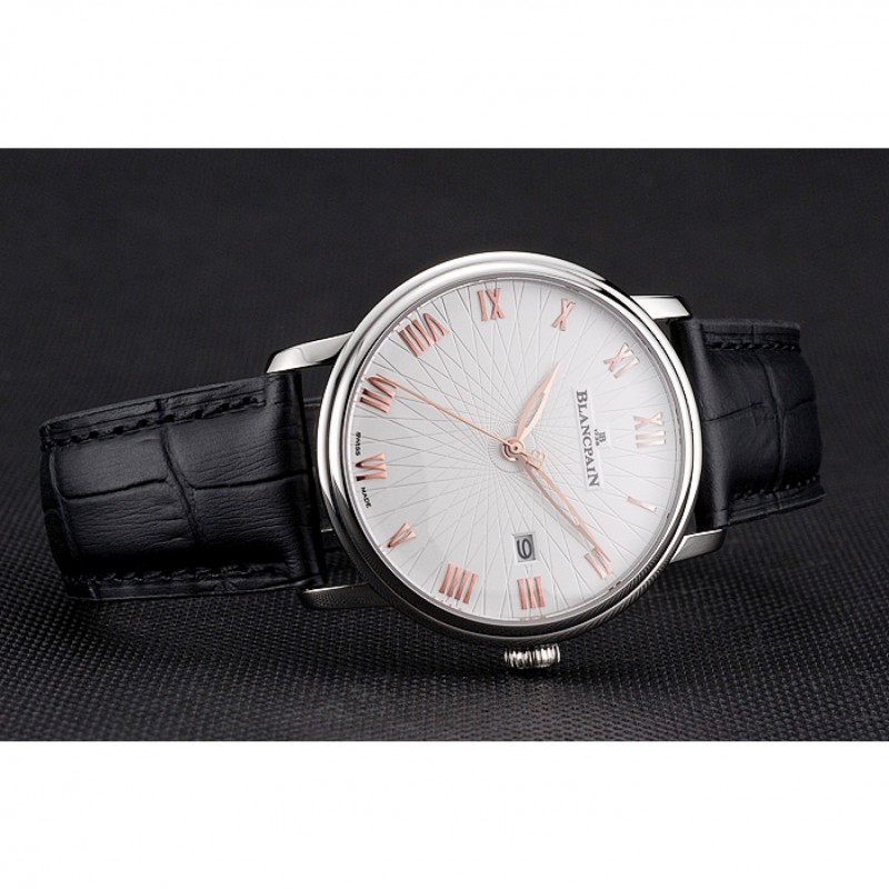 Blancpain Villeret Ultra Slim White Groved Dial Gold Numerals Stainless Steel Case Black Leather Strap-4