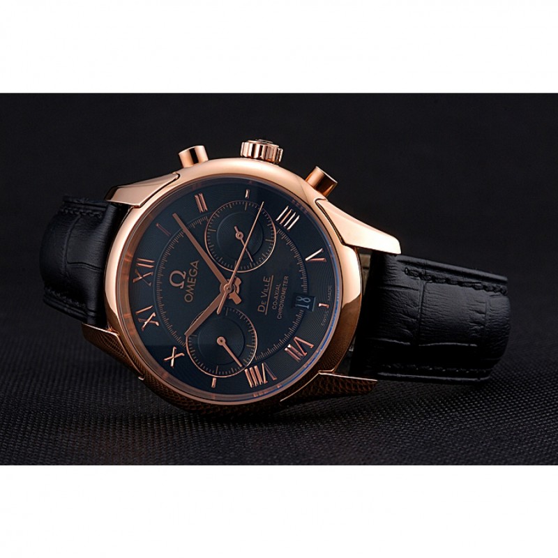 Omega DeVille Rose Gold Bezel with Black Dial and Black Leather Strap 621569-4
