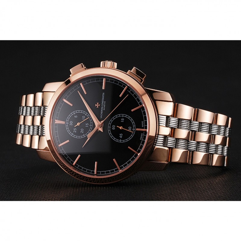 Swiss Vacheron Constantin Patrimony Traditionnelle Chronograph Black Dial Rose Gold Case Two Tone Bracelet 1453758-3