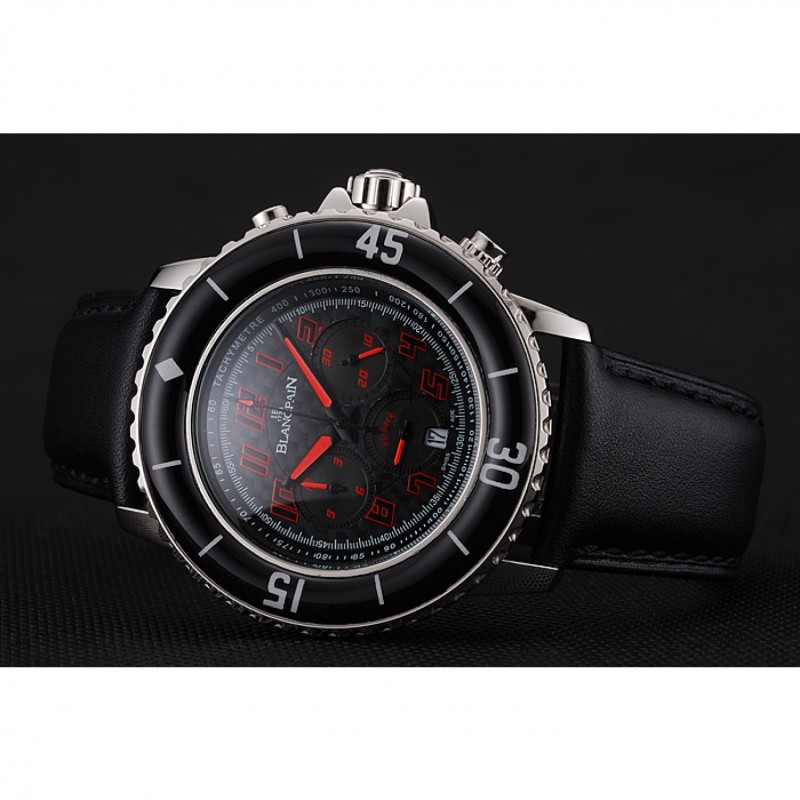 Blancpain Fifty Fathoms Speed Command Carbon Fiber Dial With Red Markings Stainless Steel Case Black Leather Strap 1453774-4