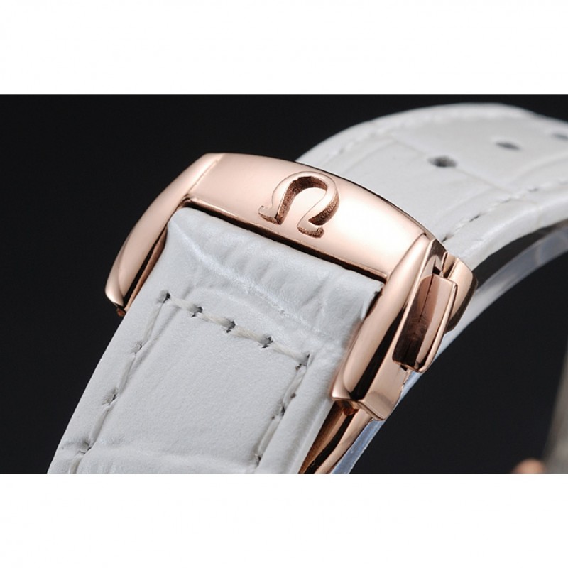 High Quality Replica Watches Omega DeVille Prestige White Dial Gold Diamond Case White Leather Bracelet 1454122-5