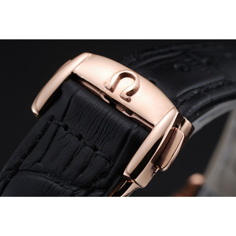 Omega DeVille Prestige Black Dial Gold Diamond Case Black Leather Bracelet 1454123-5