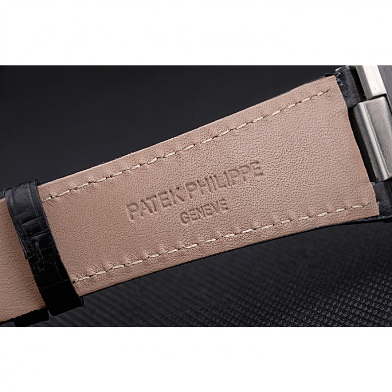 Patek Philippe Nautilus Black Dial Brushed Stainless Steel Case Black Leather Strap-7