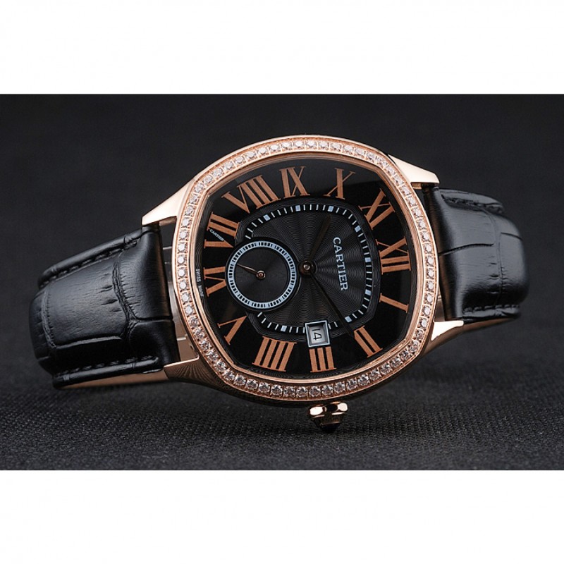 Cartier Drive De Cartier Black Dial Gold Diamond Case Black Leather Bracelet 1454217-4