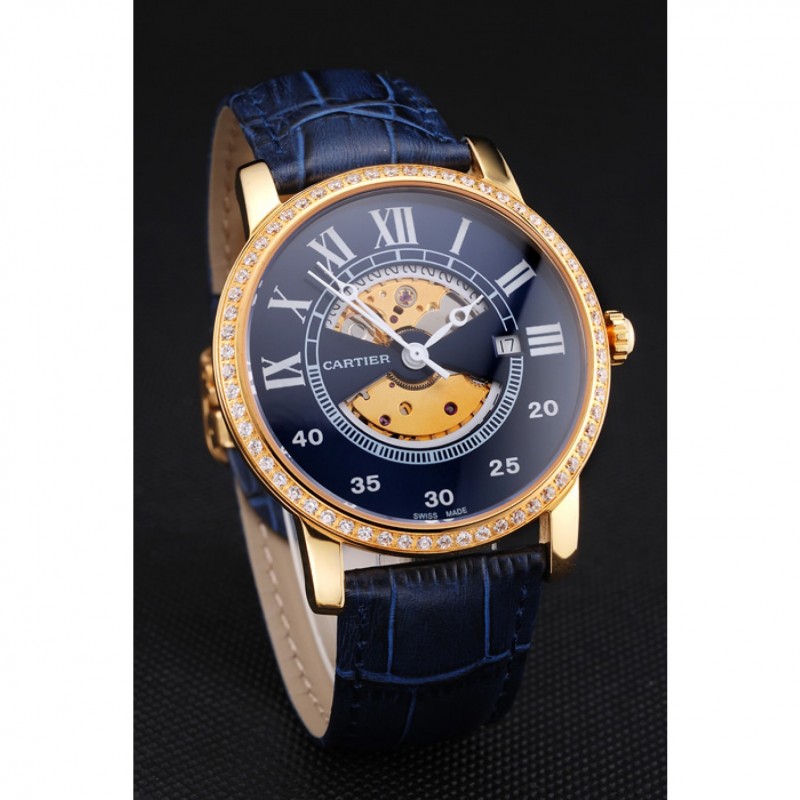 Swiss Cartier Rotonde Small Complication Blue Dial Gold Diamond Case Blue Leather Strap-2