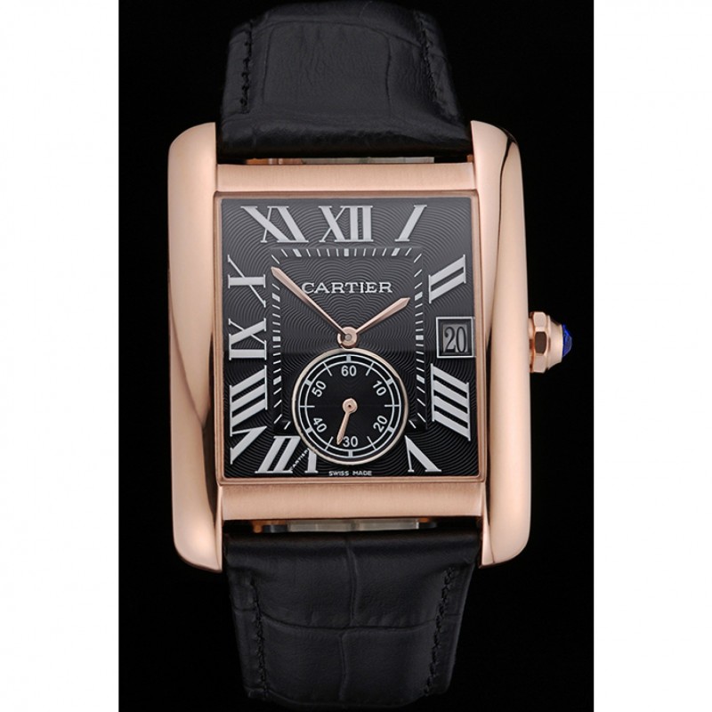 AAA Cartier Tank MC Black Dial Gold Case Black Leather Strap 622580-1