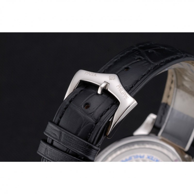 Patek Philippe Dual Time Moonphase Tourbillon Black Skeletonised Dial Stainless Steel Case Black Leather Strap-5