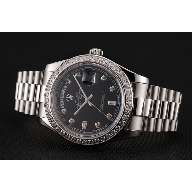 Swiss Rolex Day-Date Black Dial Diamond Case Diamond Numerals Stainless Steel Bracelet 1453966-2
