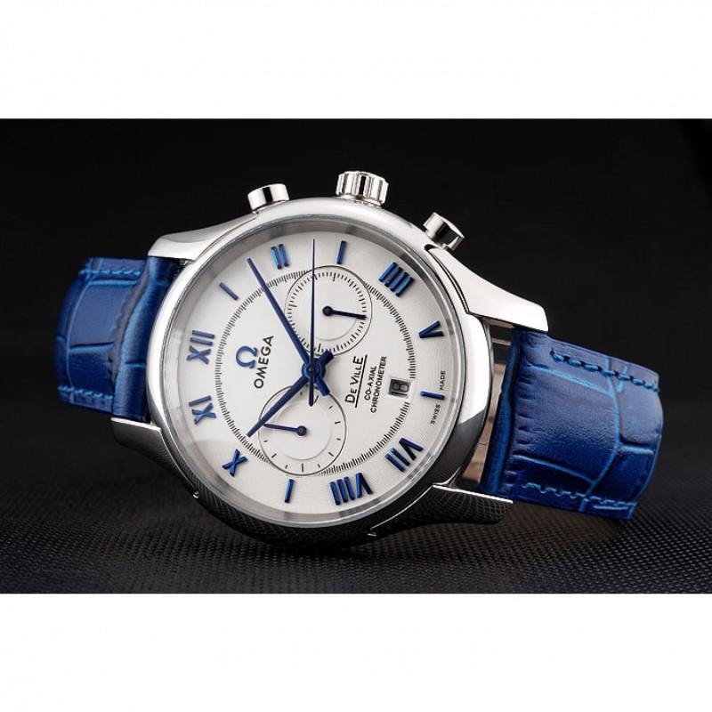 AAA Omega DeVille Silver Bezel with White Dial and Blue Leather Strap 621568-4