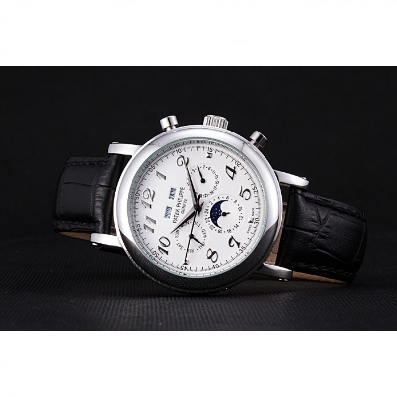 Patek Philippe Grand Complications Moon Phase White Dial Black Leather Bracelet-4