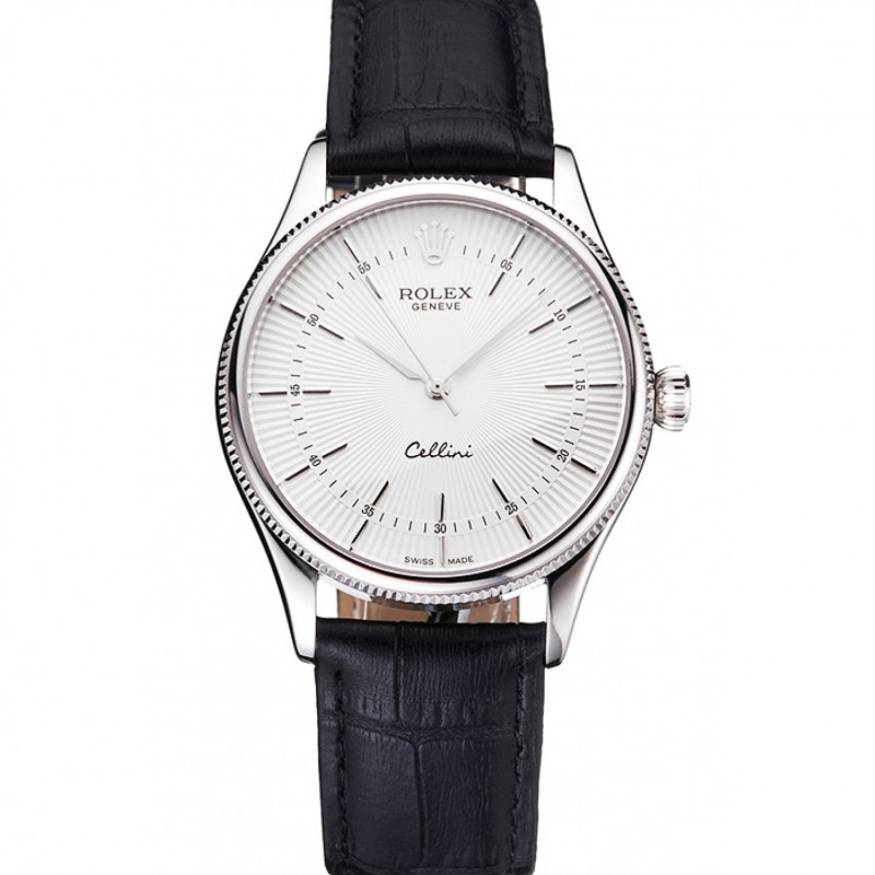 Swiss Rolex Cellini White Guilloche Dial Stainless Steel Case Black Leather Strap-0