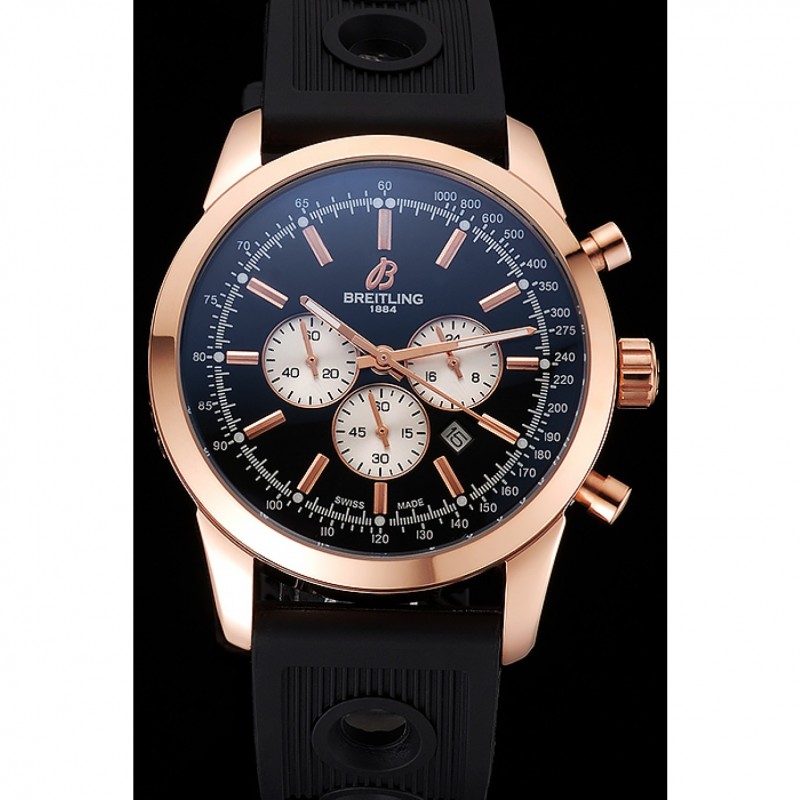 Breitling Transocean Black Dial Black Rubber Strap Rose Gold Bezel 98207-1