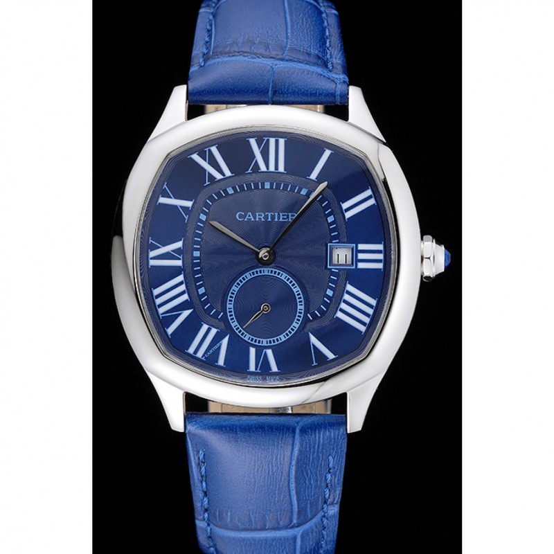High End Cartier Drive De Cartier Blue Dial Silver Case Blue Leather Bracelet 1454211-1