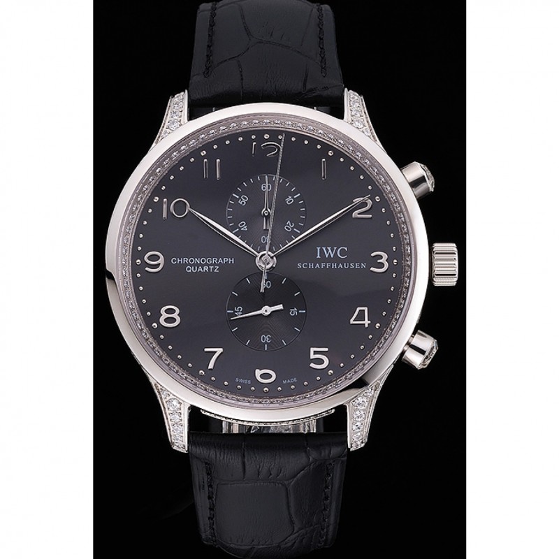 IWC Portugieser Chronograph Black Diamond Dial Black Leather Bracelet-1