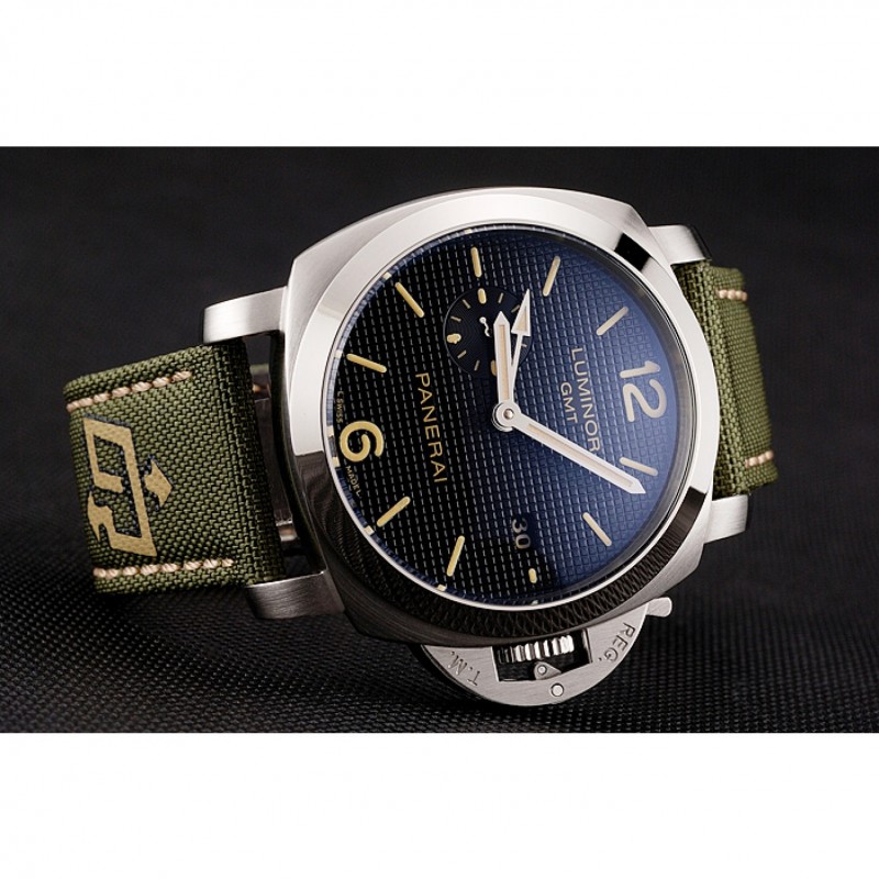 High Quality Panerai Luminor 1950 3-Days GMT Silver Case Black Dial Green Bracelet 1454016-2