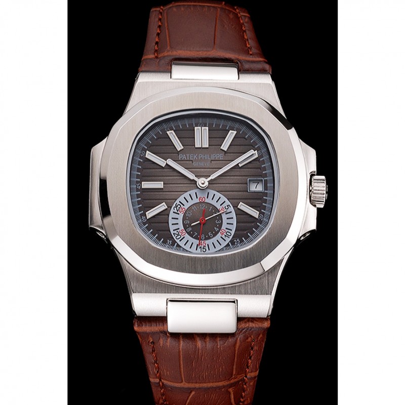 High Quality Patek Philippe Nautilus Gray Dial Stainless Steel Case Brown Leather Strap-1