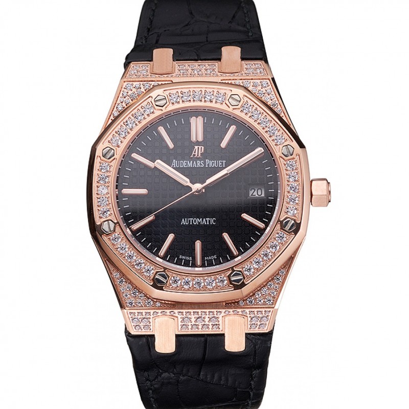 Swiss Audemars Piguet Royal Oak Black Dial Gold Case With Diamonds Black Leather Strap-0