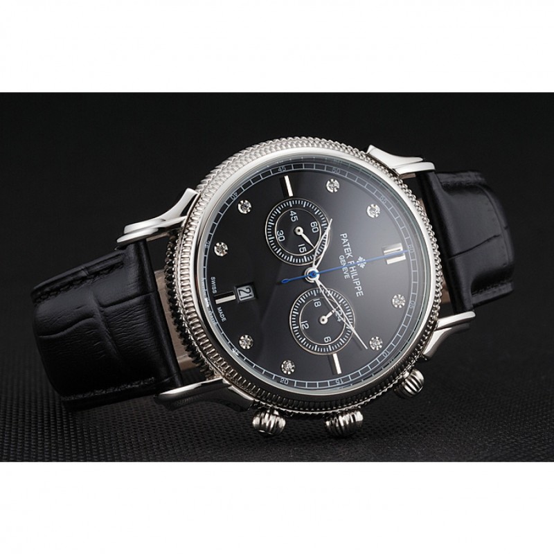 Patek Philippe Chronograph Black Dial With Diamonds Stainless Steel Case Black Leather Strap-4