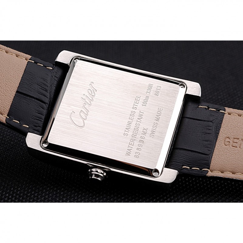Cartier Tank White Dial Stainless Steel Case Black Leather Strap 622761-7