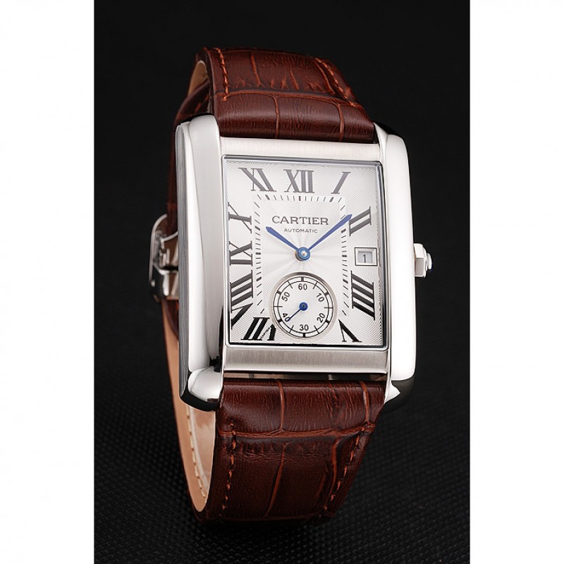 Swiss Cartier Tank MC White Dial Stainless Steel Case Brown Leather Strap-2