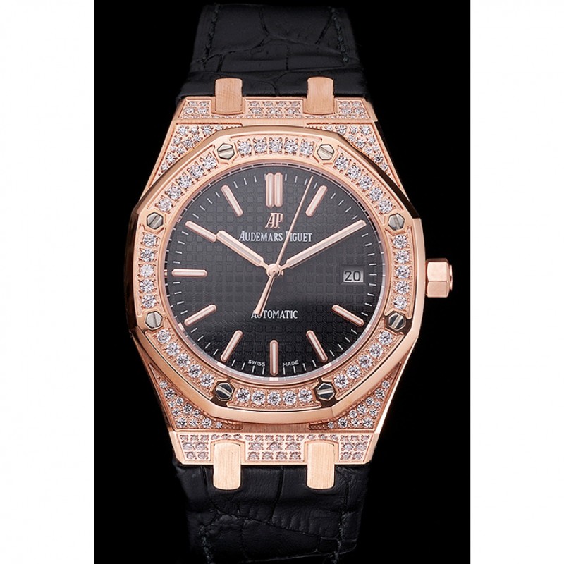 Swiss Audemars Piguet Royal Oak Black Dial Gold Case With Diamonds Black Leather Strap-1