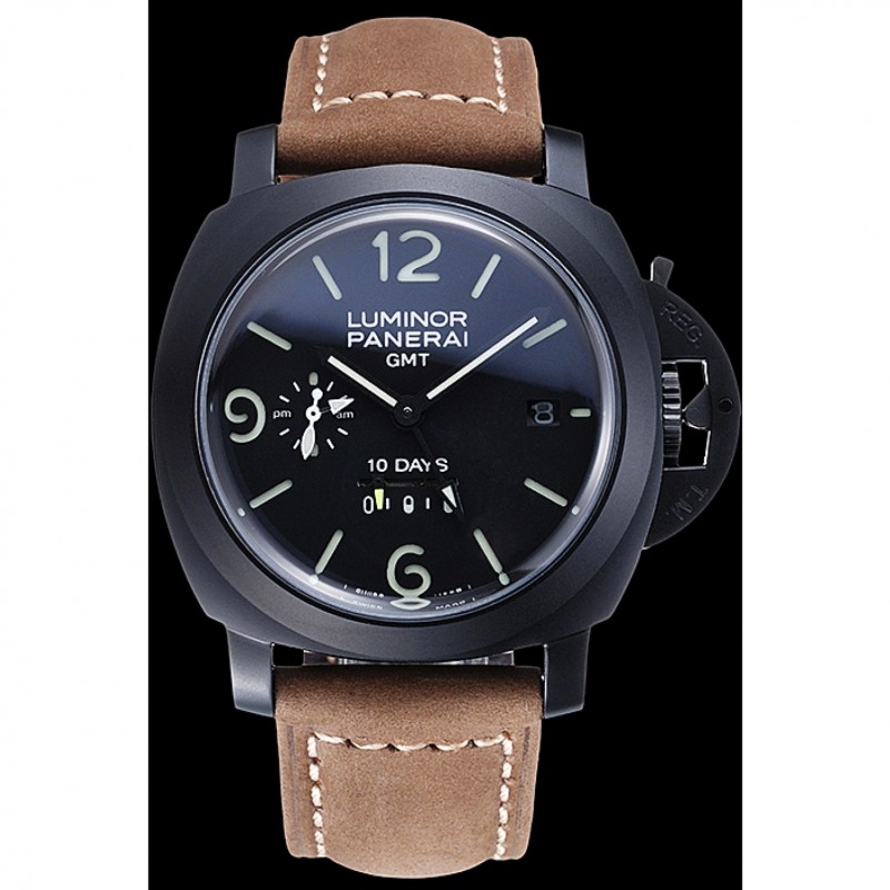 High End Replica Watches Panerai Luminor GMT Ion Plated Stainless Steel Bezel Khaki Leather Bracelet 622315-1