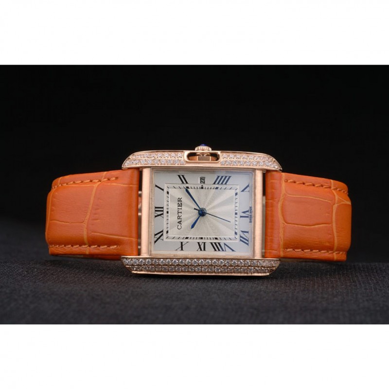 Cartier Tank Anglaise 30mm White Dial Diamonds Gold Case Orange Leather Bracelet-4