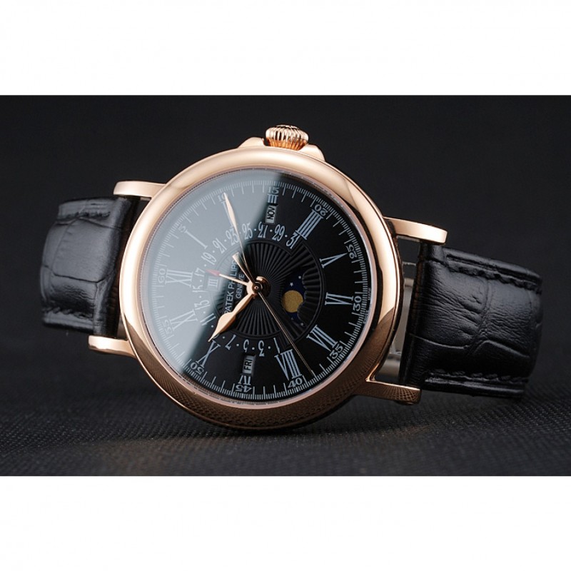 Patek Philippe Perpetual Calendar Retrograde Date Black Dial Rose Gold Case Black Leather Bracelet 1454150-3
