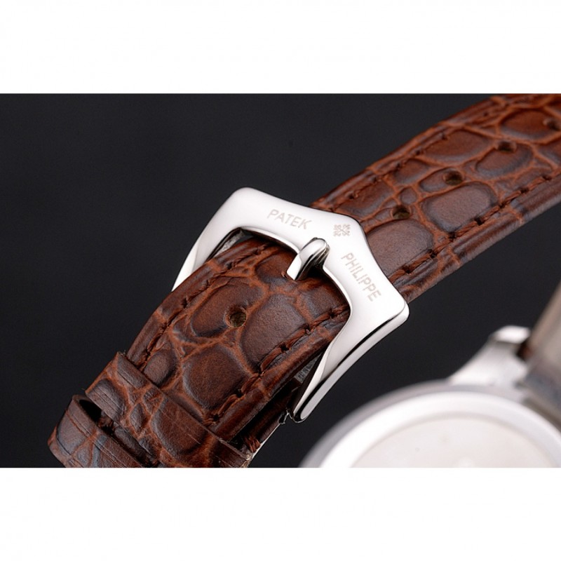 Cheap Patek Philippe Calatrava Date White Embossed Dial Stainless Steel Case Brown Leather Strap-5
