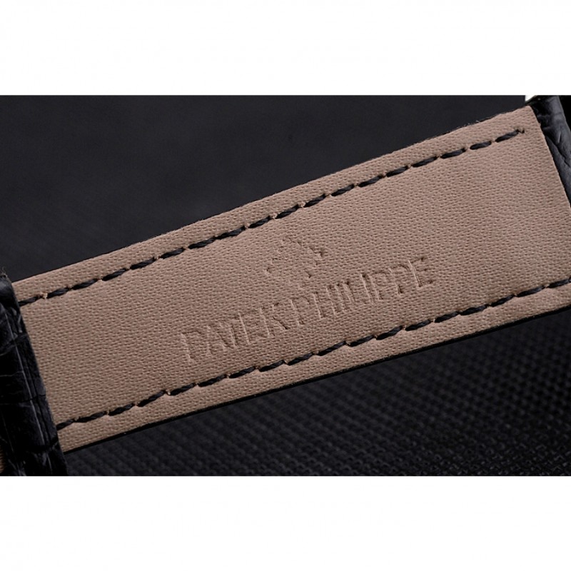 High End Patek Philippe Calatrava Date White Embossed Dial Stainless Steel Case Black Leather Strap-6
