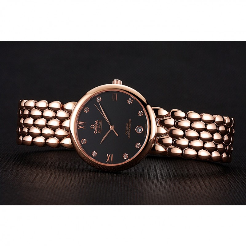 High Quality Omega De Ville Prestige Black Dial With Diamonds Rose Gold Case And Bracelet-3