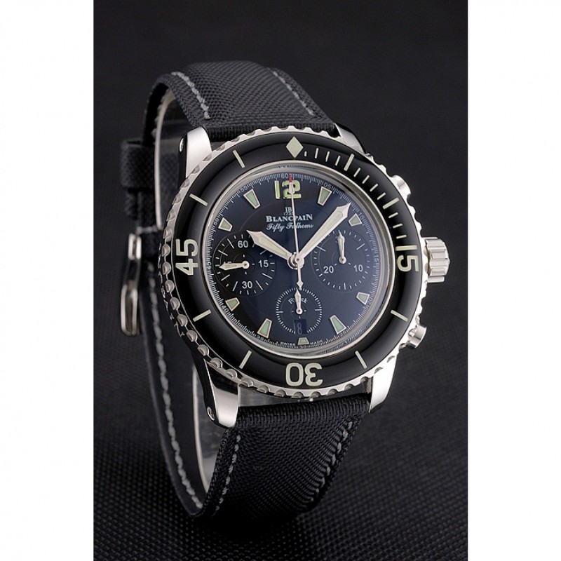 Cheap Replica Watches Swiss Blancpain Fifty Fathoms Flyback Chronograph Black Dial Black Bezel Stainless Steel Case Black Canvas Strap-2