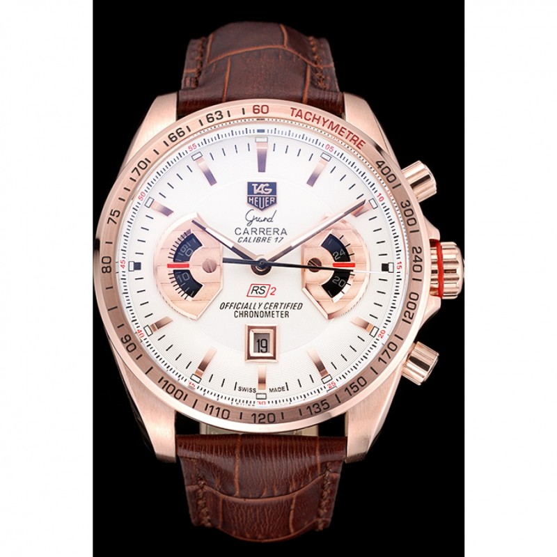 Tag Heuer Carrera Rose Gold Case White Dial Brown Leather Strap 98245-1