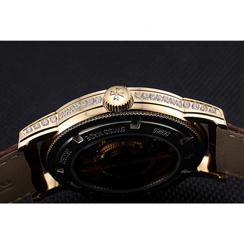 Luxury Replica Watches Swiss Vacheron Constantin Patrimony Contemporaine Gold Diamond Case White Dial Brown Leather Bracelet 622686-8