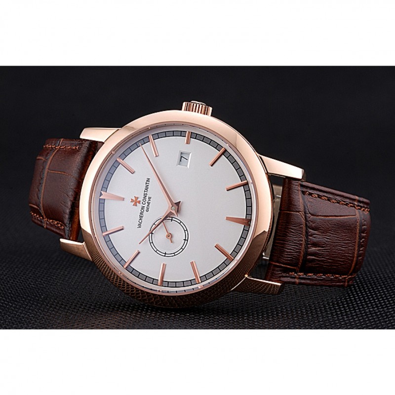 Swiss Vacheron Constantin Patrimony Contemporaine Rose Gold Case White Dial Brown Leather Bracelet 622680-4