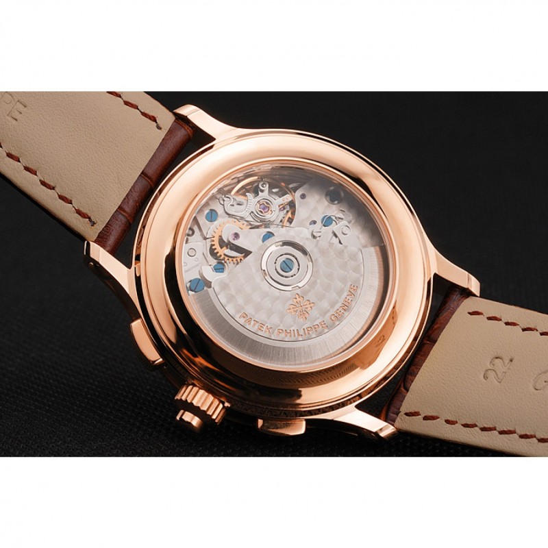 Swiss Patek Philippe Split Seconds Chronograph White Dial Rose Gold Case Brown Leather Strap-6