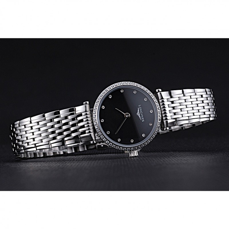 Longines La Grande Classique Stainless Steel Black Dial Diamond Bezel Femme 622108-3