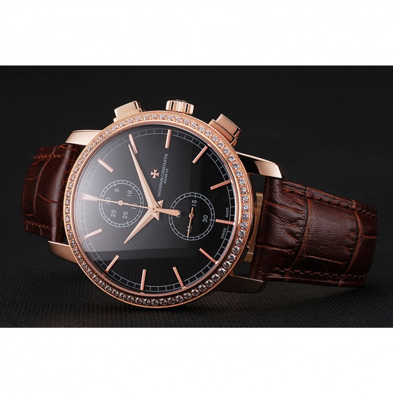 AAA Replica Watches Swiss Vacheron Constantin Patrimony Traditionnelle Chronograph Black Dial Diamond Bezel Rose Gold Case Brown Leather Strap 1453765-4